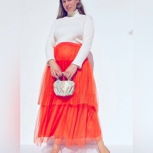 Anthropologie Evelyn Tiered Tulle Dot Lace Midi Skirt Orange Petite Medi…